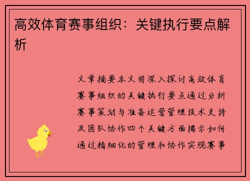 高效体育赛事组织：关键执行要点解析