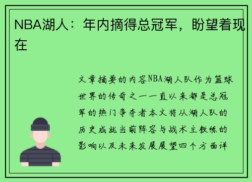 NBA湖人：年内摘得总冠军，盼望着现在